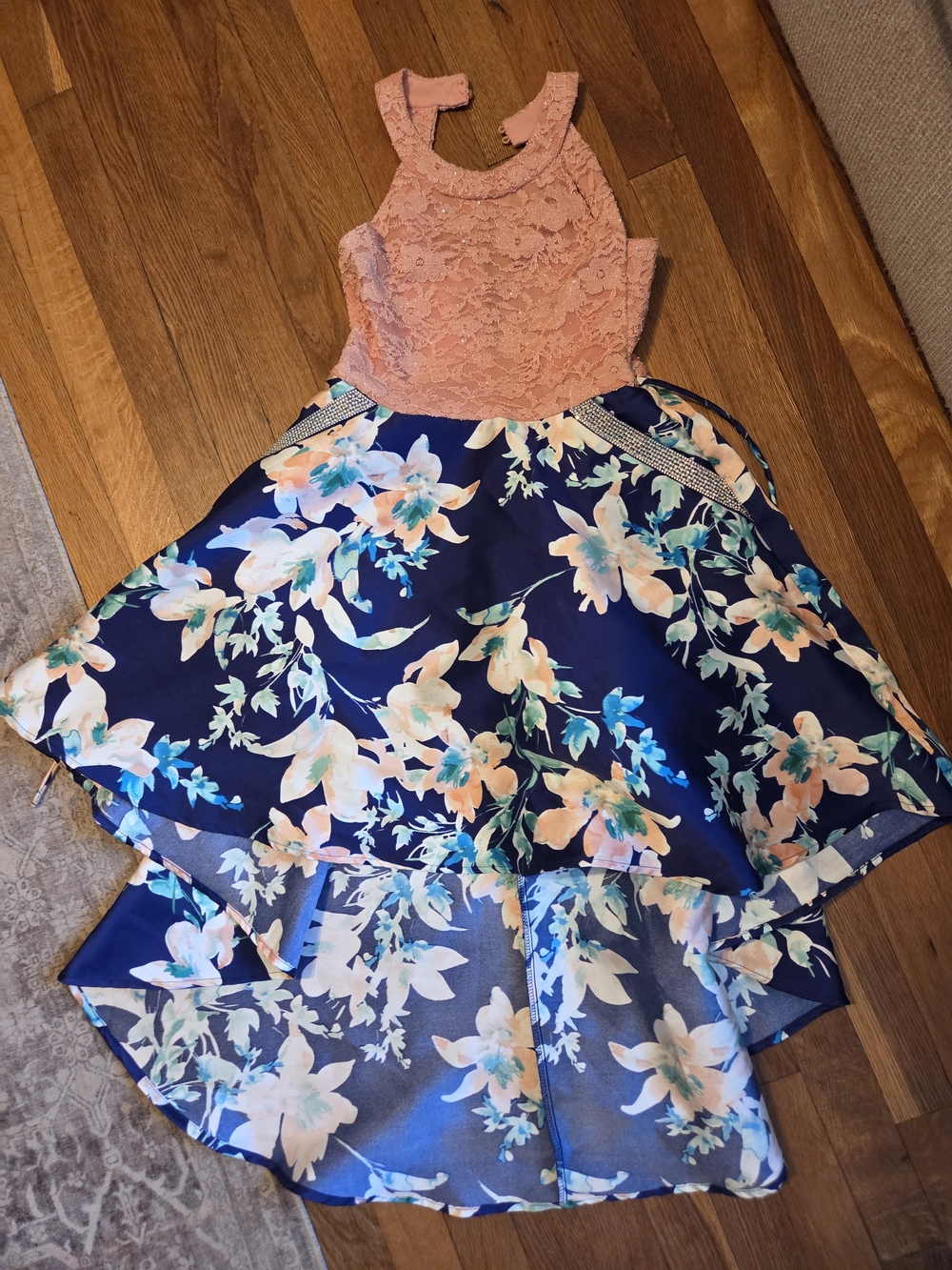 Girls Pink Lace & Navy Floral High-Low Dress